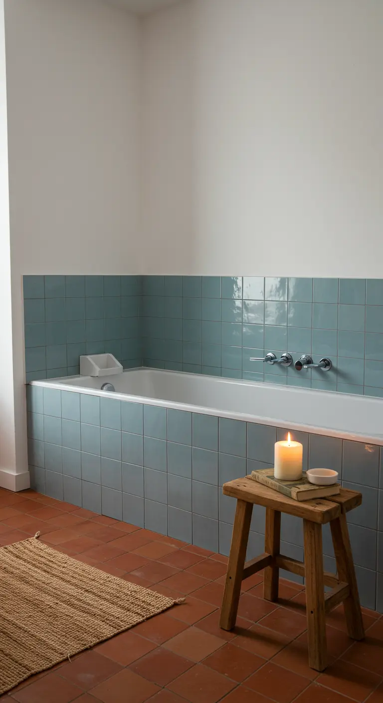 Bad met saliegroene tegels, een houten krukje met een brandende kaars ernaast.