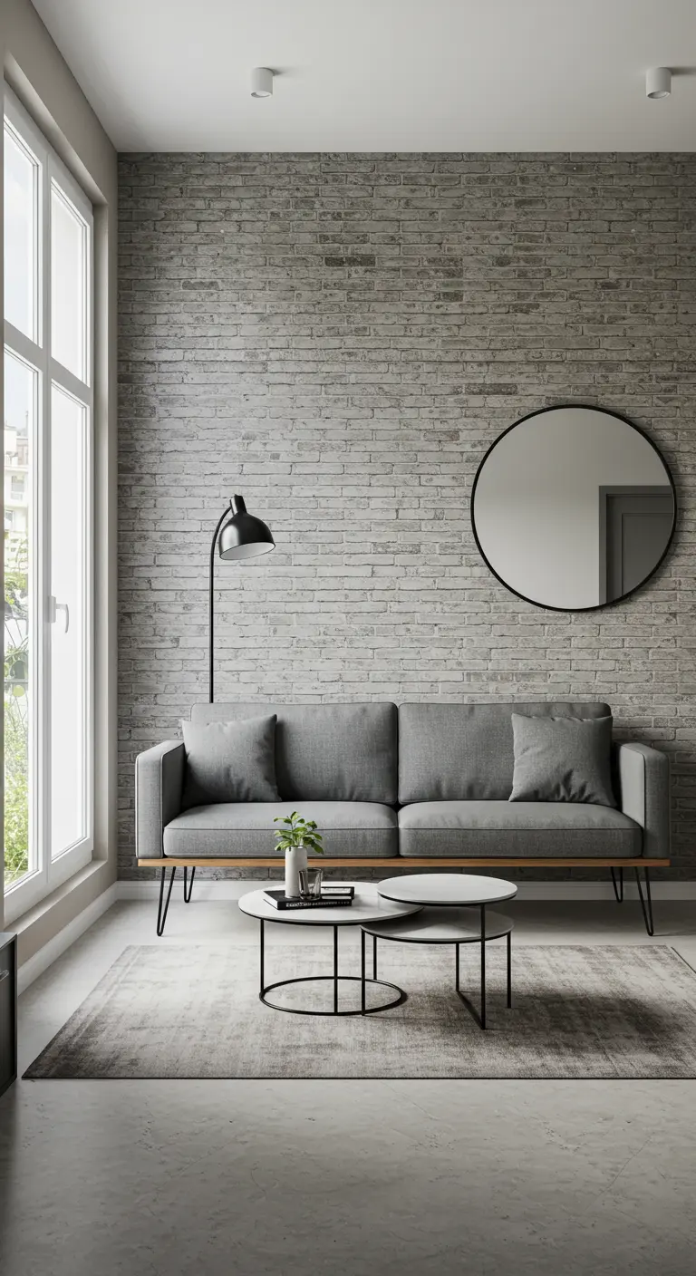 Moderne woonkamer met een grijze bakstenen muur en een grote ronde spiegel.