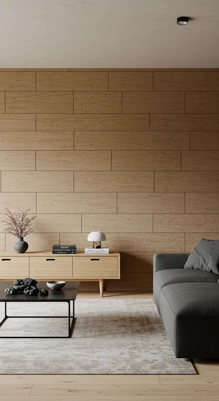 Woonkamer met een muur van travertin tegels en een grijze bank.