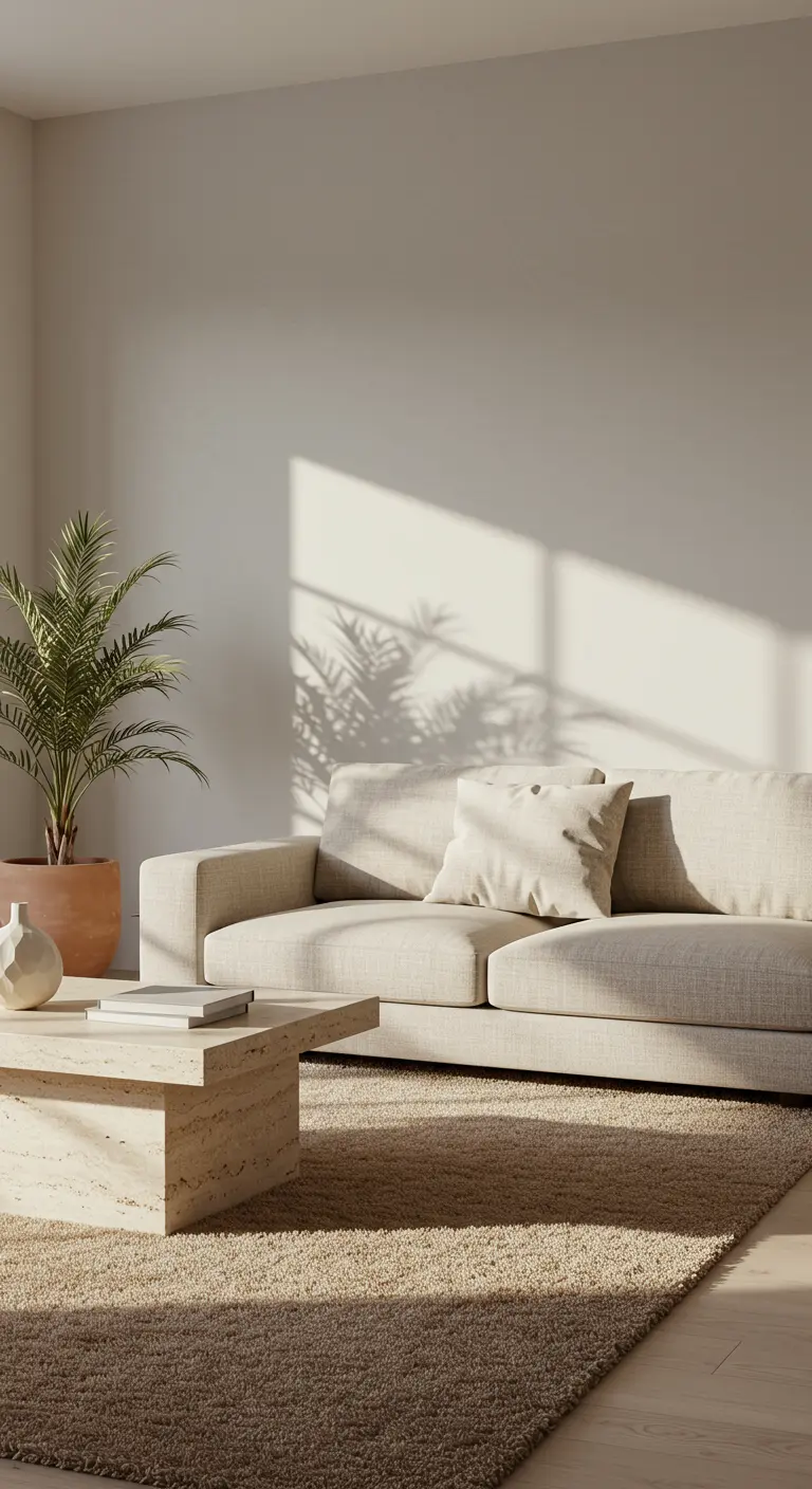Minimalistische woonkamer met een beige bank en een zware, travertin salontafel op een zacht vloerkleed.