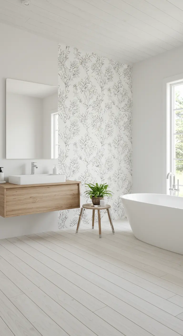 Witte, minimalistische badkamer met een accentwand van behang met zwarte bloemenlijntekeningen.