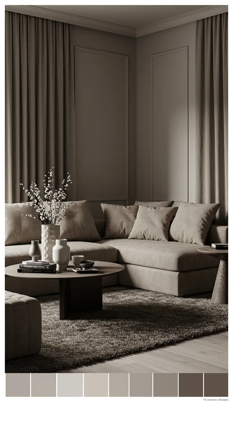 Luxe woonkamer volledig in taupe, met verschillende texturen in de bank, gordijnen en het tapijt.