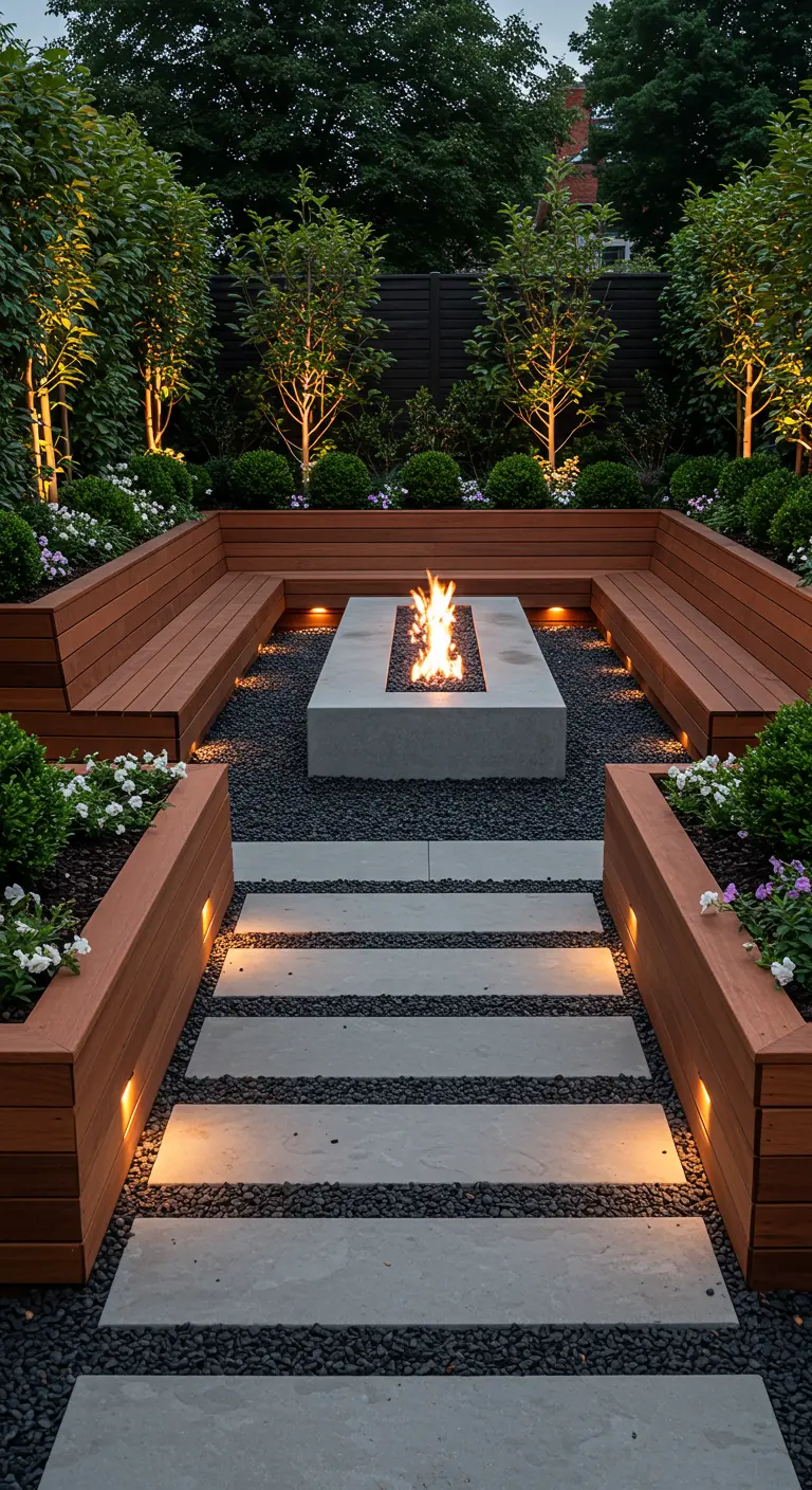 Symmetrische tuin met een centrale vuurplaats, houten banken en plantenbakken.