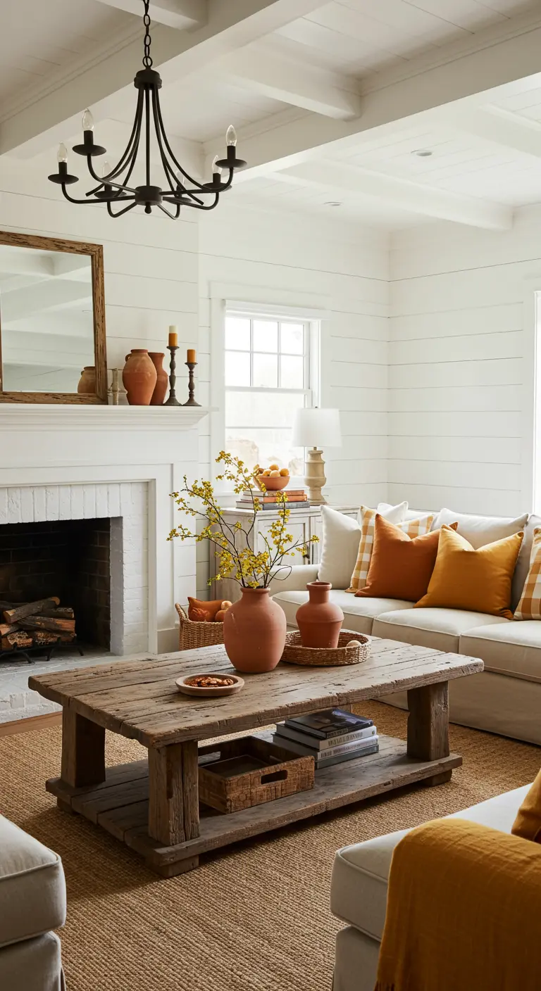 Landelijke woonkamer met witte wanden, een houten salontafel en terracotta en okergele accenten.