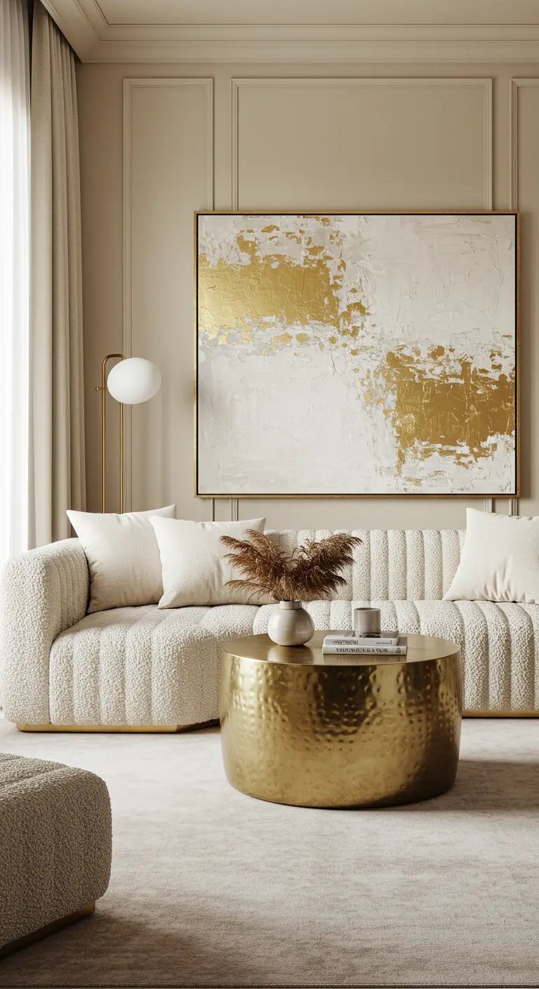 Crèmekleurige woonkamer met bouclé bank en een gehamerde gouden salontafel.
