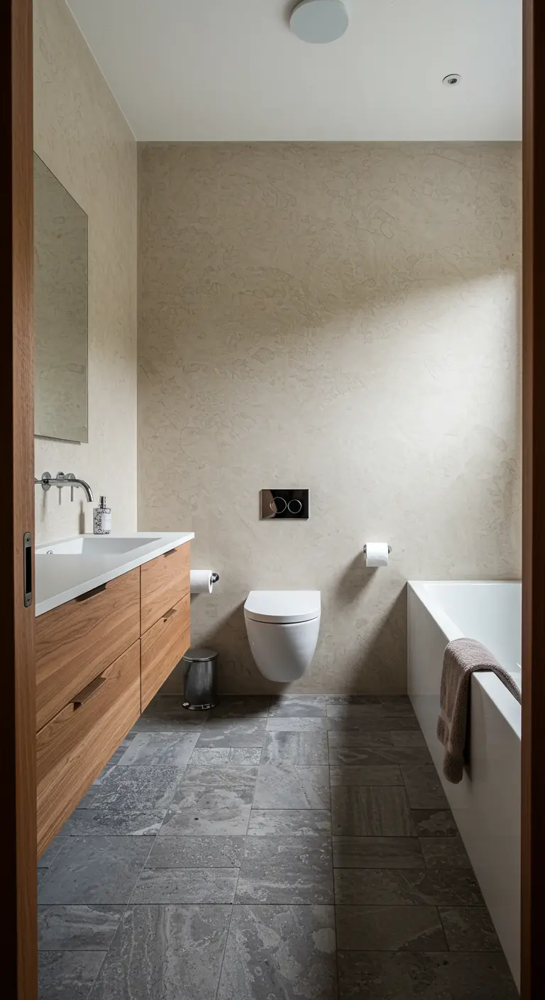 Minimalistische badkamer met beige, getextureerde muren in tadelakt-stijl en een leisteen vloer.