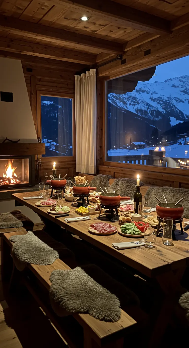 Houten eettafel in een chalet met kaasfondue en schapenvachtjes op de banken.