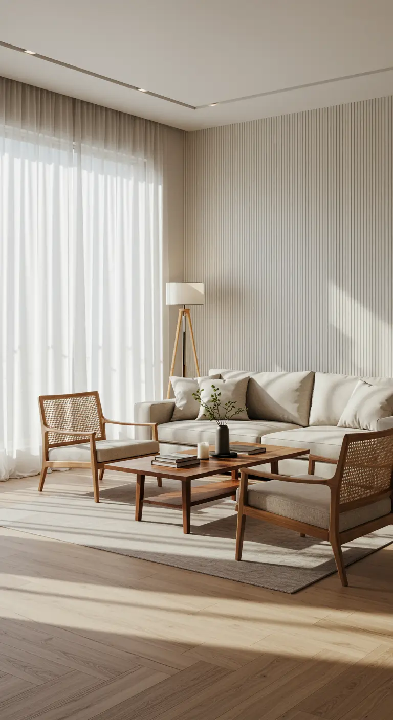 Lichte woonkamer met geribbelde accentmuur, beige bank en rotan stoelen.