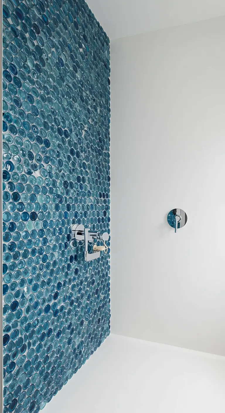 Minimalistische douche met één wand van bolle, ronde blauwe mozaïektegels.