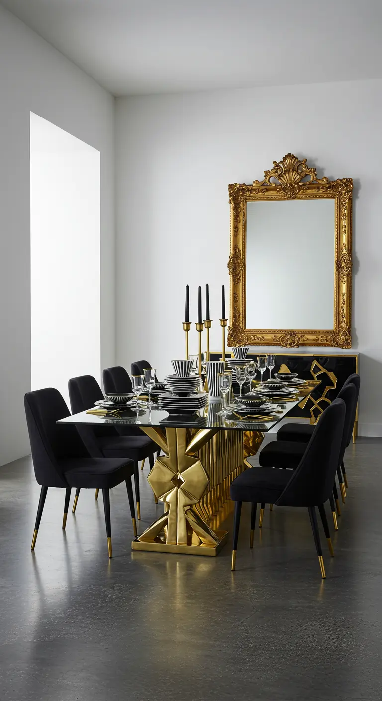 Eetkamer met glazen tafel op een gouden, sculpturale voet en een grote gouden spiegel.