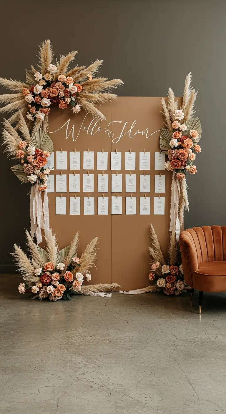 Stijlvol bord voor de tafelschikking, omringd door weelderige droogbloemen in aardetinten.