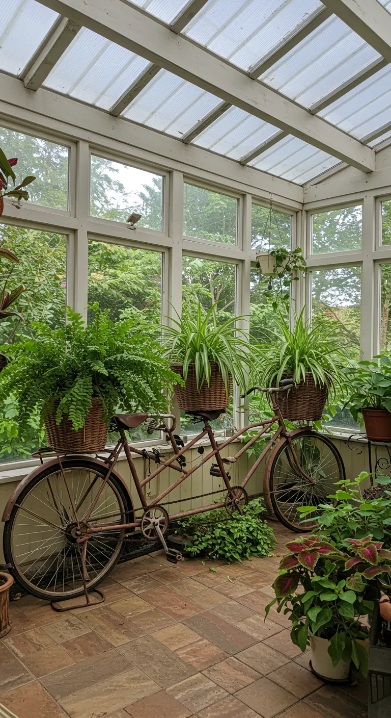 Oude tandemfiets in een serre, met op beide zadels rieten manden met grote, groene varens.