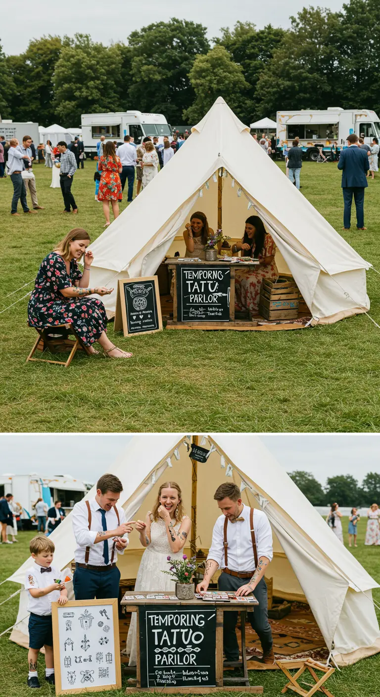 Collage van gasten in een tent die een tijdelijke tattoo uitzoeken en aanbrengen.