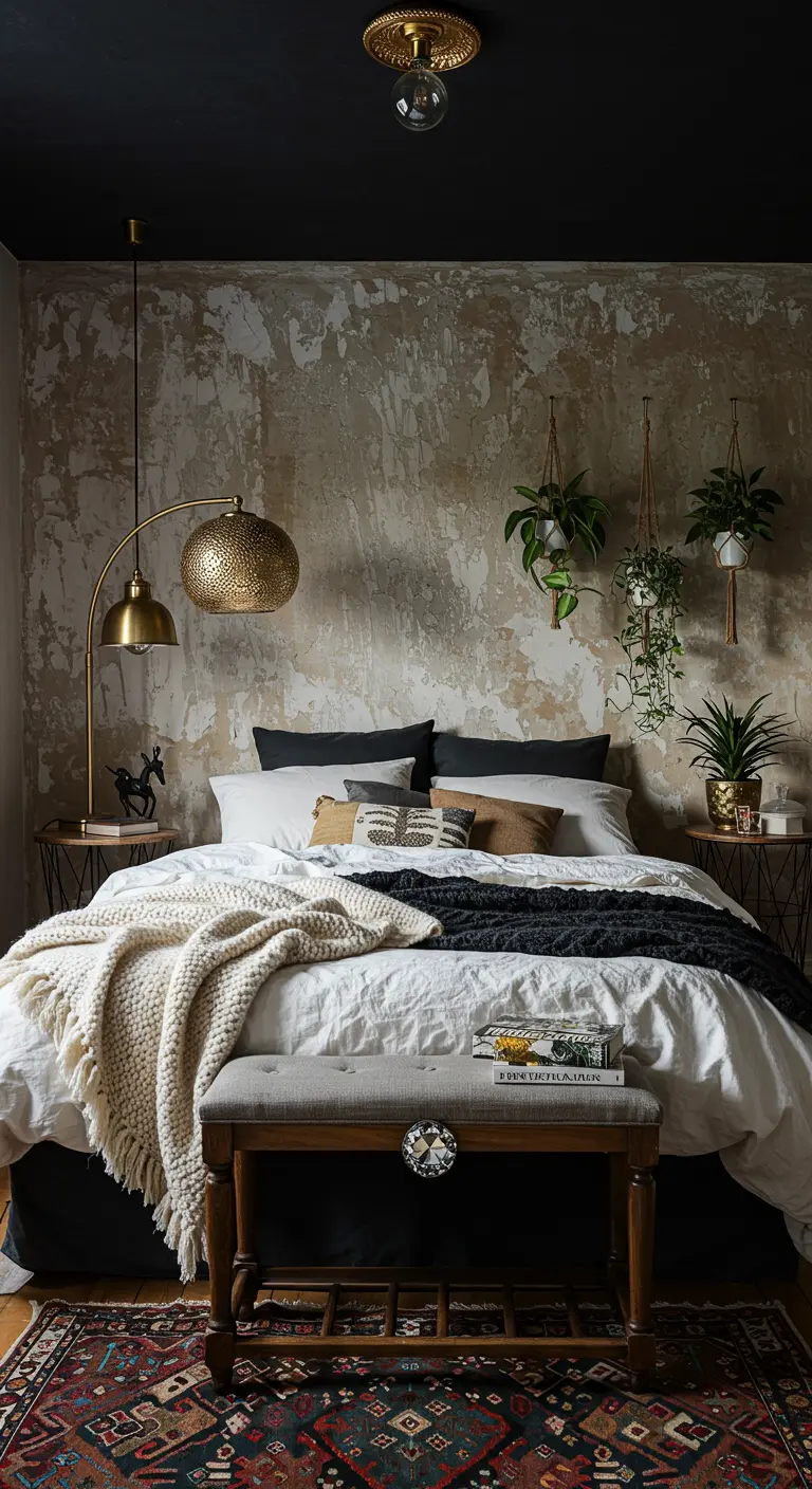 Boho slaapkamer met een zwarte bovenrand, textuurmuur, hangplanten en een grote gouden booglamp.