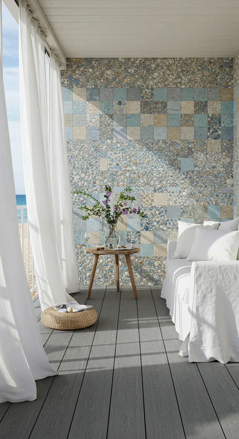 Muur van een veranda bekleed met tegels met een kiezelsteenpatroon in blauw- en zandtinten.
