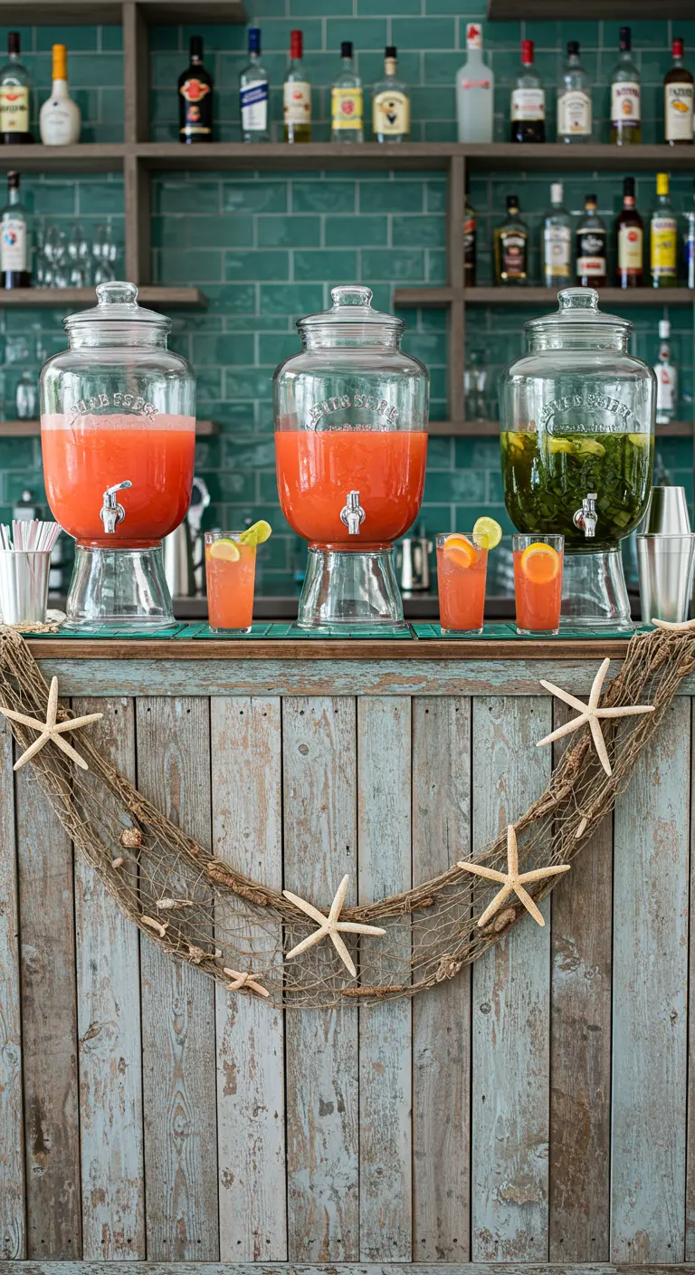 Bar met een verweerd houten front, versierd met een visnet en zeesterren en kleurrijke drankjes.