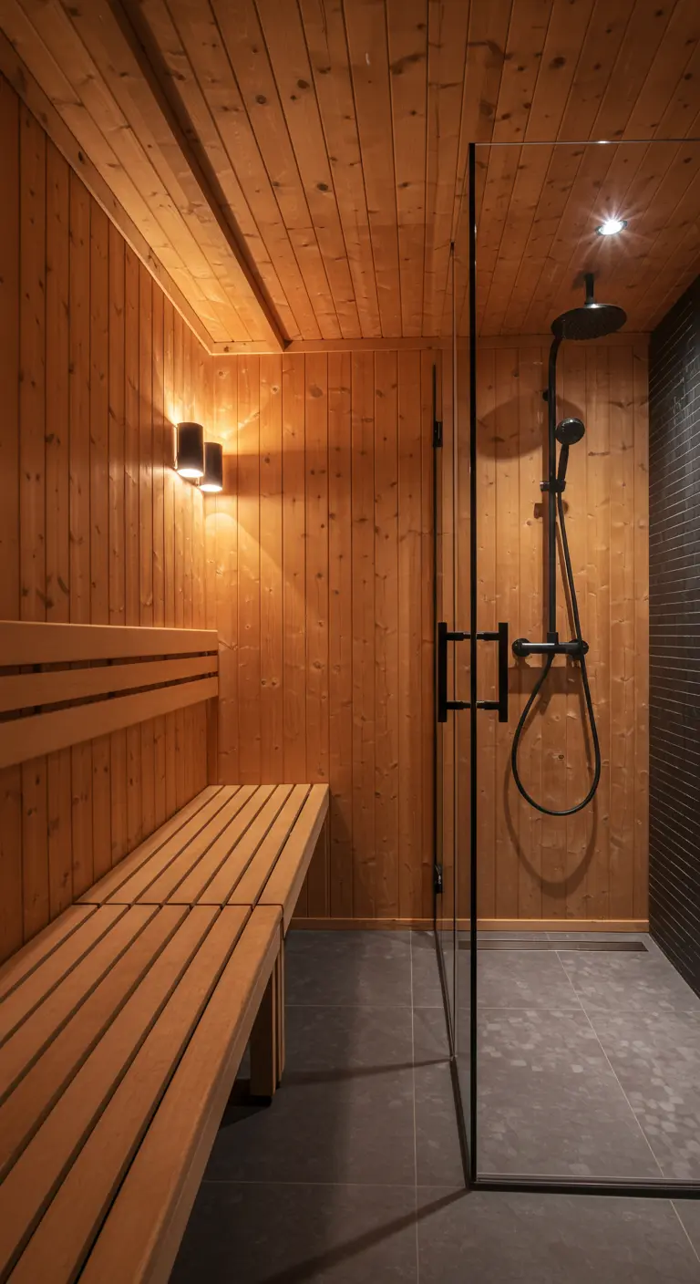 Houten sauna met bankjes die overgaat in een moderne doucheruimte met donkere tegels.