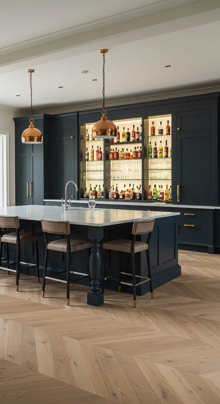 Donkerblauwe keuken met een thuisbar met verlichte planken en koperen lampen.