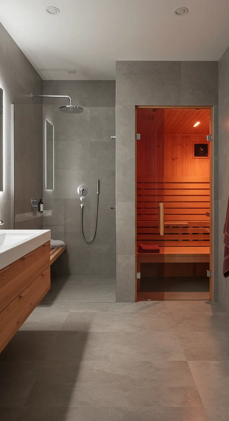 Grijze betonciré badkamer met een inloopdouche naast een sauna met een oranje glazen deur.