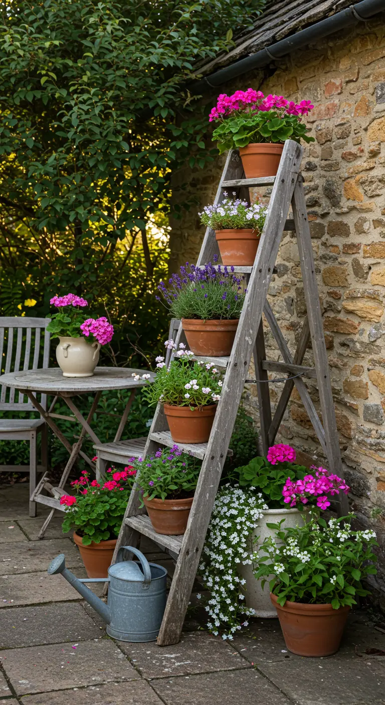 Oude houten ladder als plantenrek tegen een stenen muur met roze bloemen in terracotta potten.