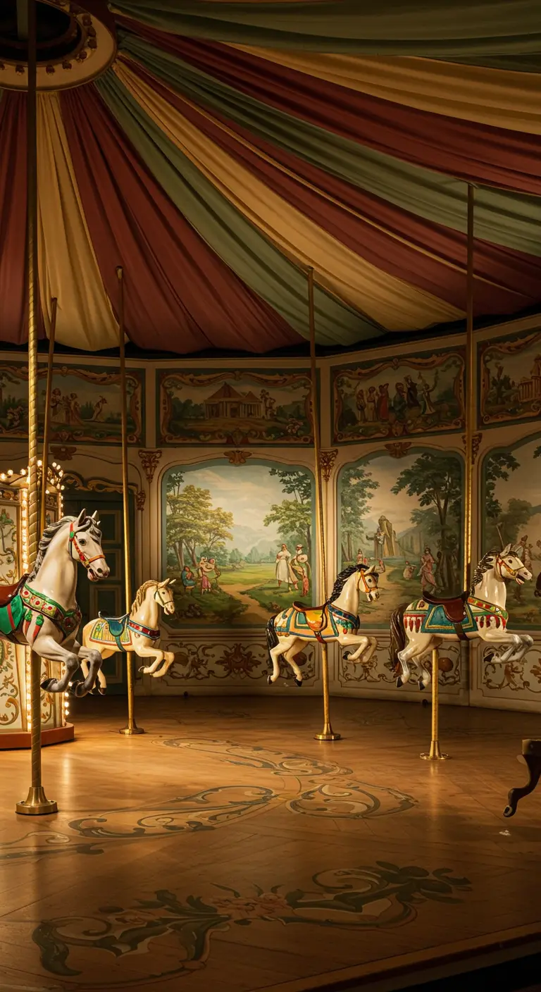Klassieke, prachtig verlichte draaimolen met beschilderde paarden en panelen.