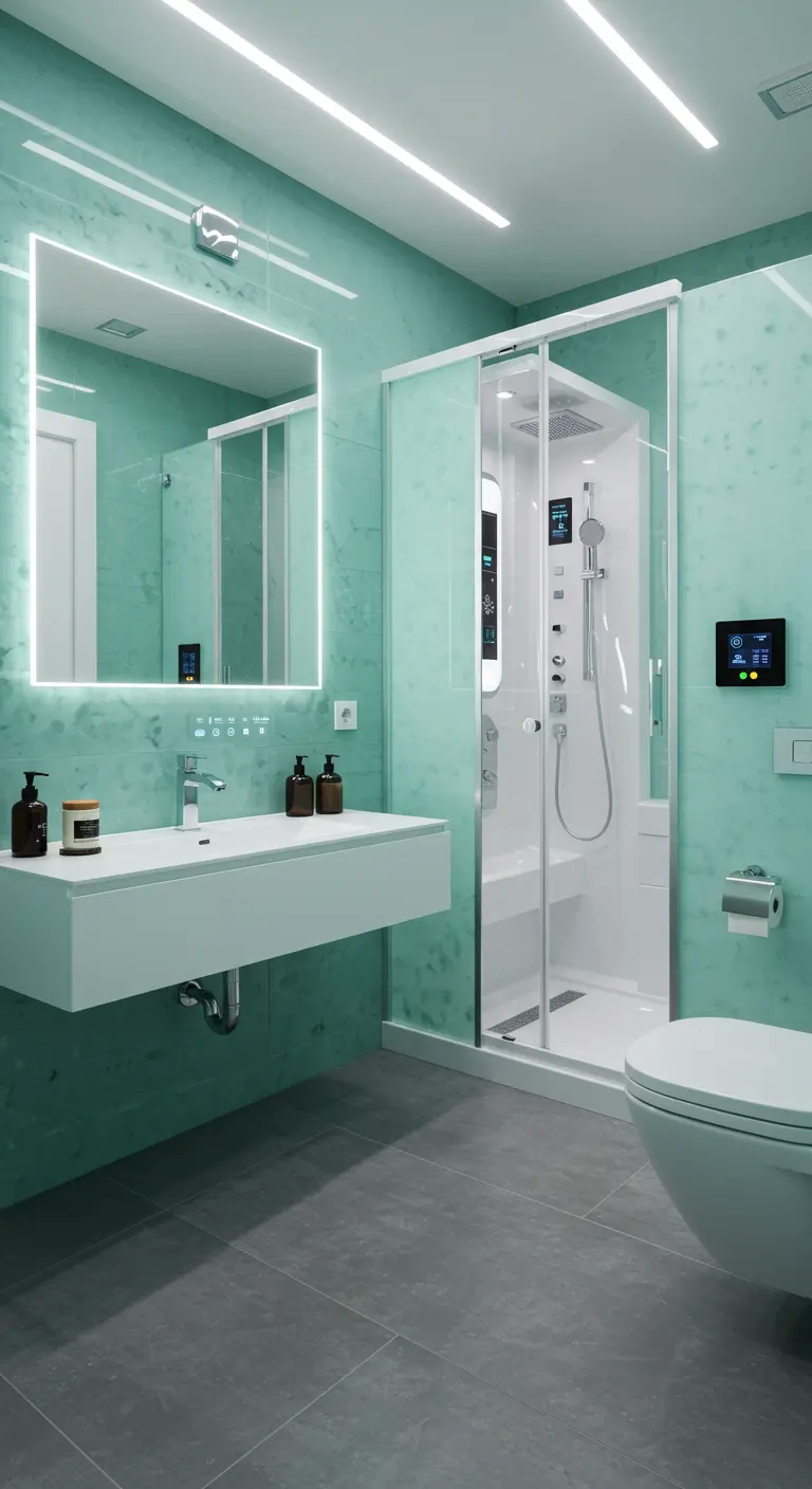 Moderne badkamer met mintgroene muren en een hightech slimme douchecabine.