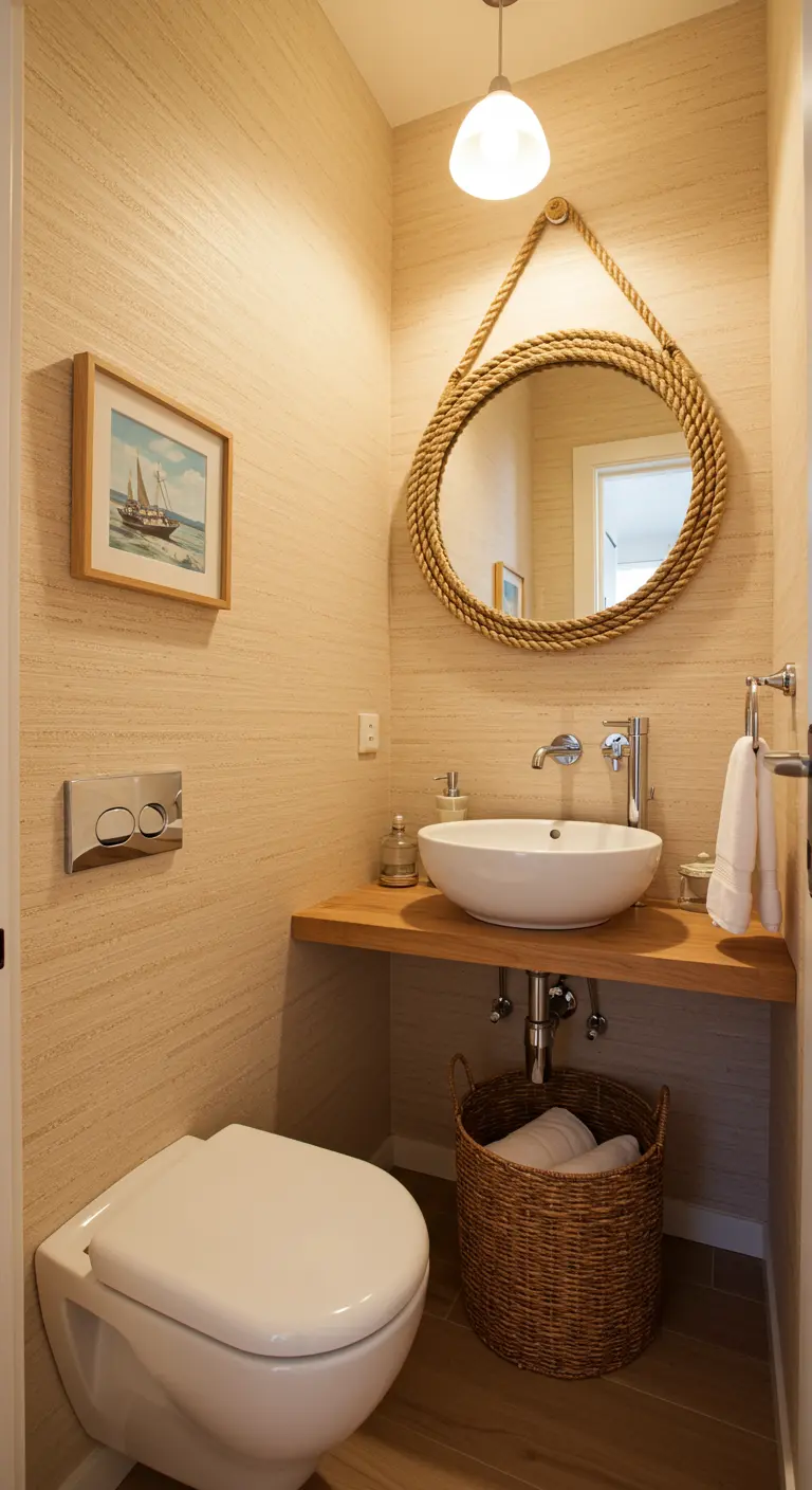 Compact toilet met een ronde spiegel omwikkeld met dik touw.