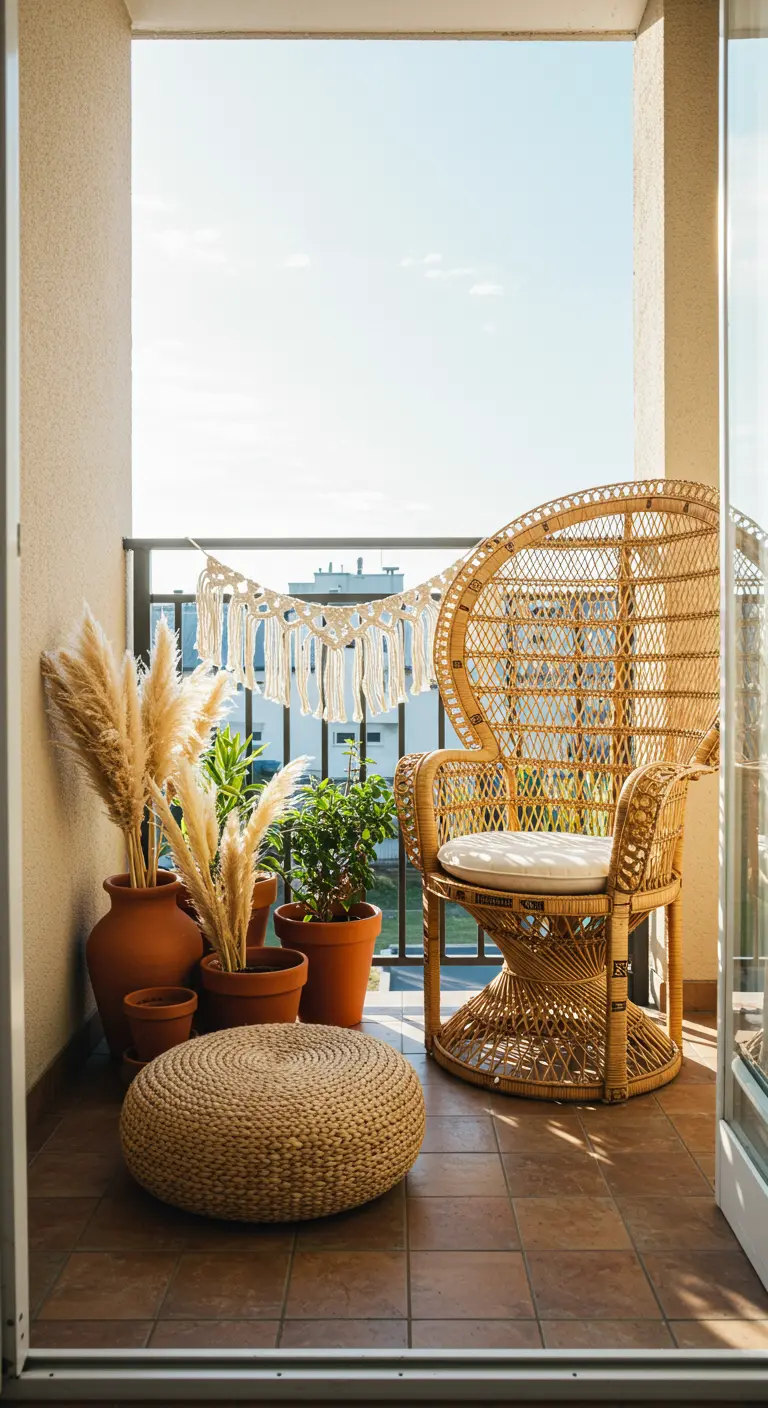 Zonnig balkon met een rotan peacock stoel, pampasgras en een macramé slinger.