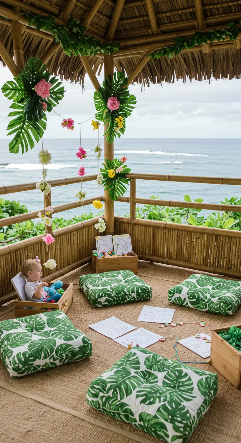 Tropische kinderhoek in een bamboe cabana met kussens met bladprint.