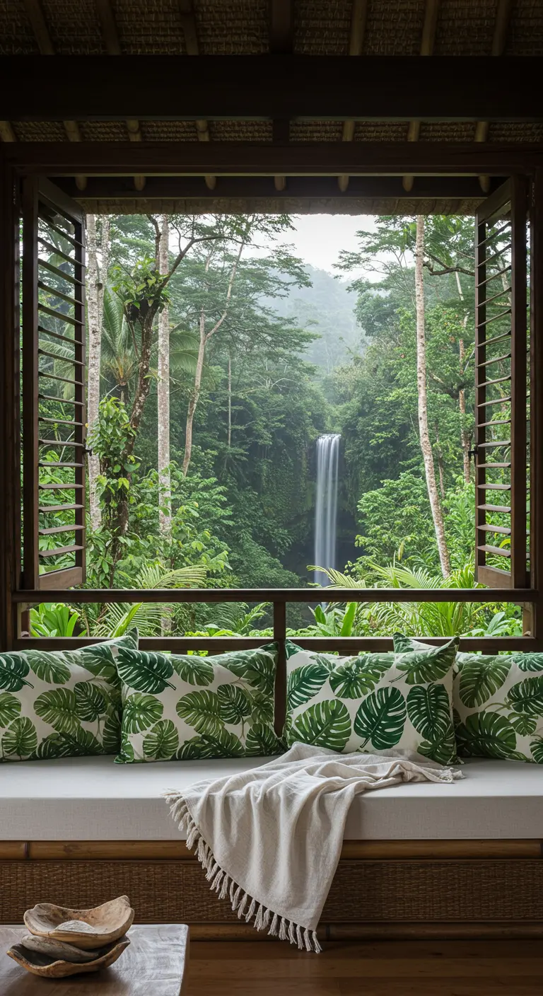 Raamzitplek met kussens met bladprint en uitzicht op een waterval in de jungle.