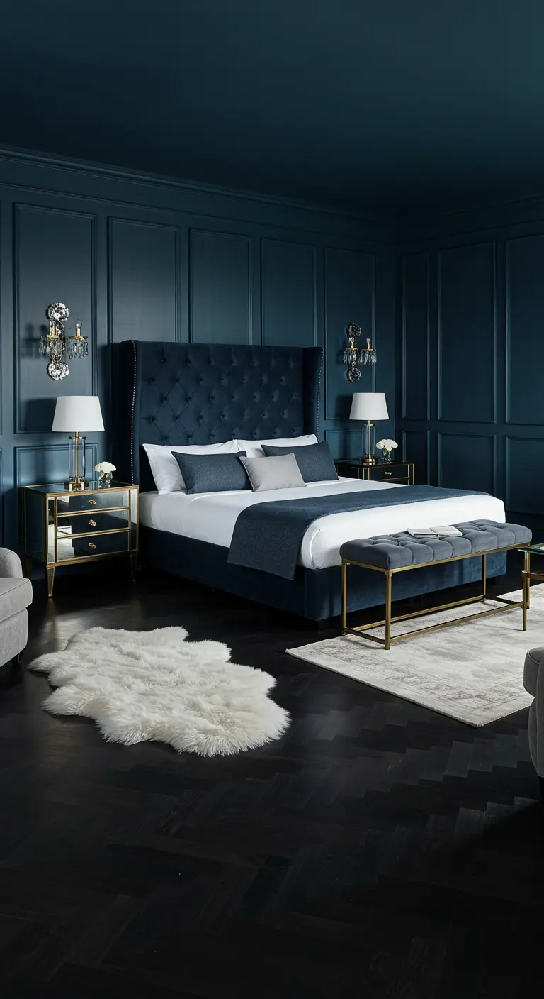 Luxe nachtblauwe slaapkamer met een hoog gecapitonneerd hoofdbord en spiegelende nachtkastjes.
