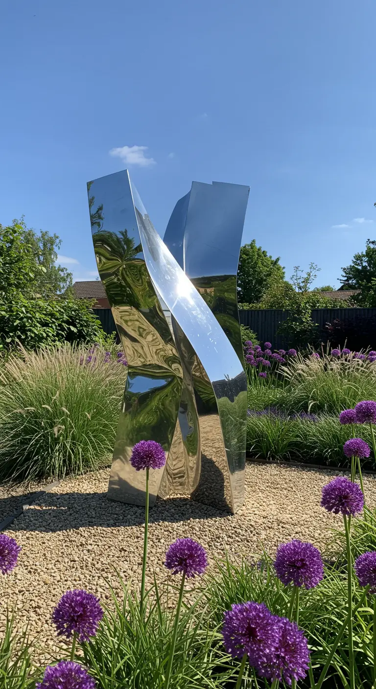 Groot, abstract spiegelend kunstwerk in een tuin met siergrassen.