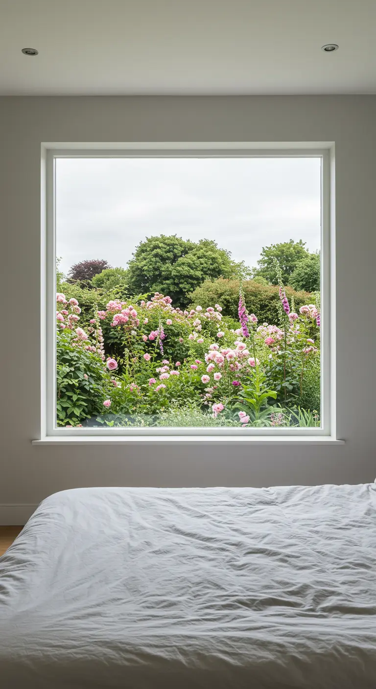 Minimalistische slaapkamer met een groot raam dat uitkijkt op een weelderige bloementuin.