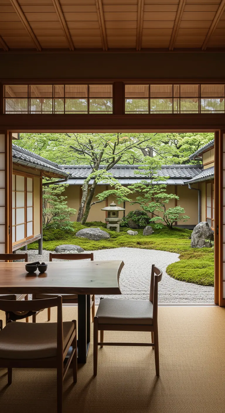 Eetkamer met open schuifdeuren die uitkijken op een serene Japanse tuin.