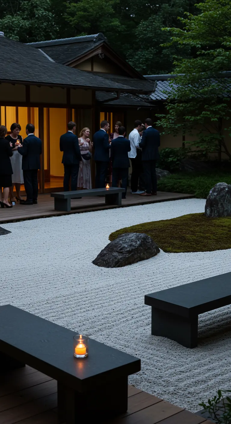 Gasten praten met elkaar in een strakke Japanse tuin met lage bankjes.