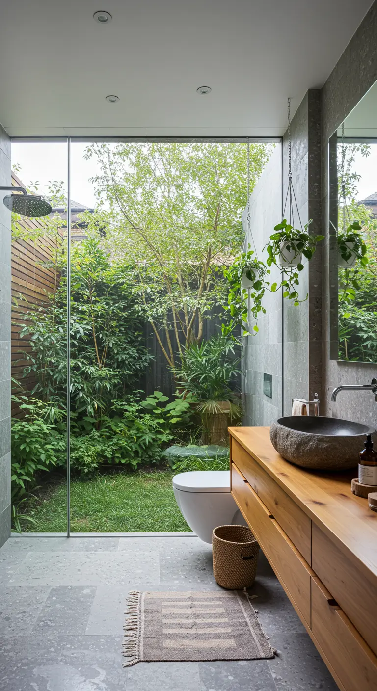Badkamer met glazen wand die uitkijkt op een tuin; de spiegel reflecteert het groen.