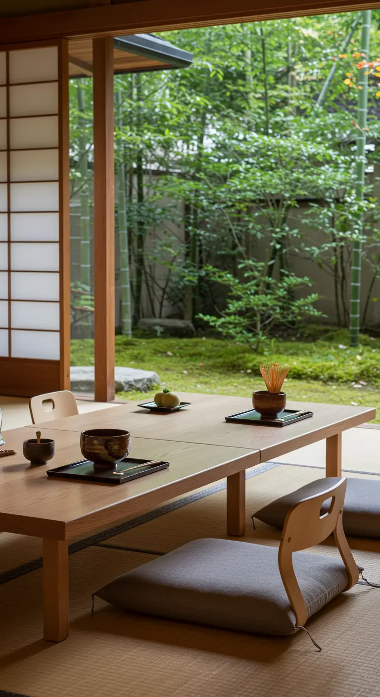 Japanse theeceremonie-opstelling aan een lage houten tafel met uitzicht op een groene tuin.