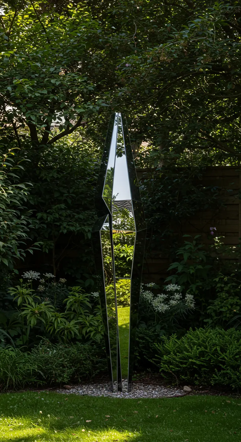 Hoge, hoekige spiegelsculptuur die de omringende groene tuin weerspiegelt.