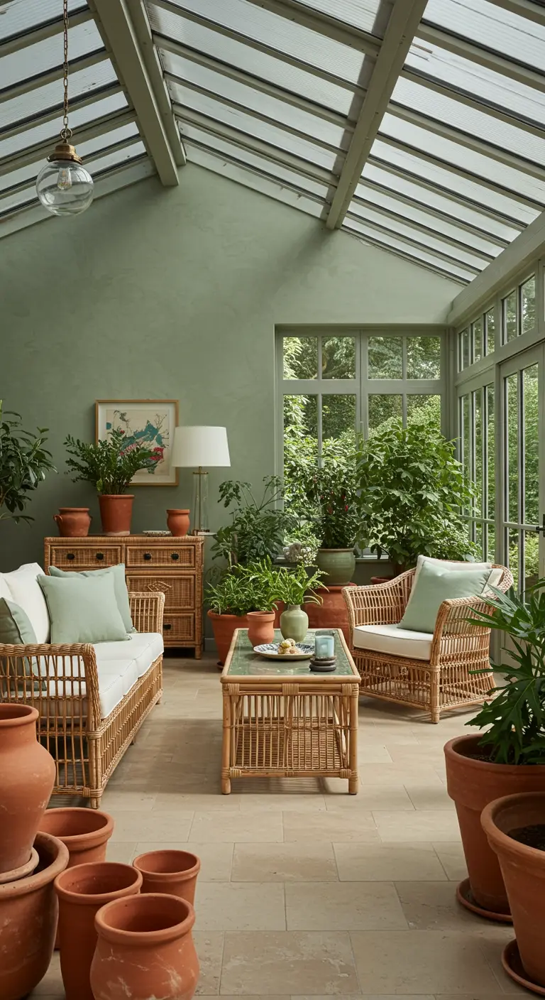Lichte serre met saliegroene muren, rotan meubels en een grote verzameling planten in terracotta potten.