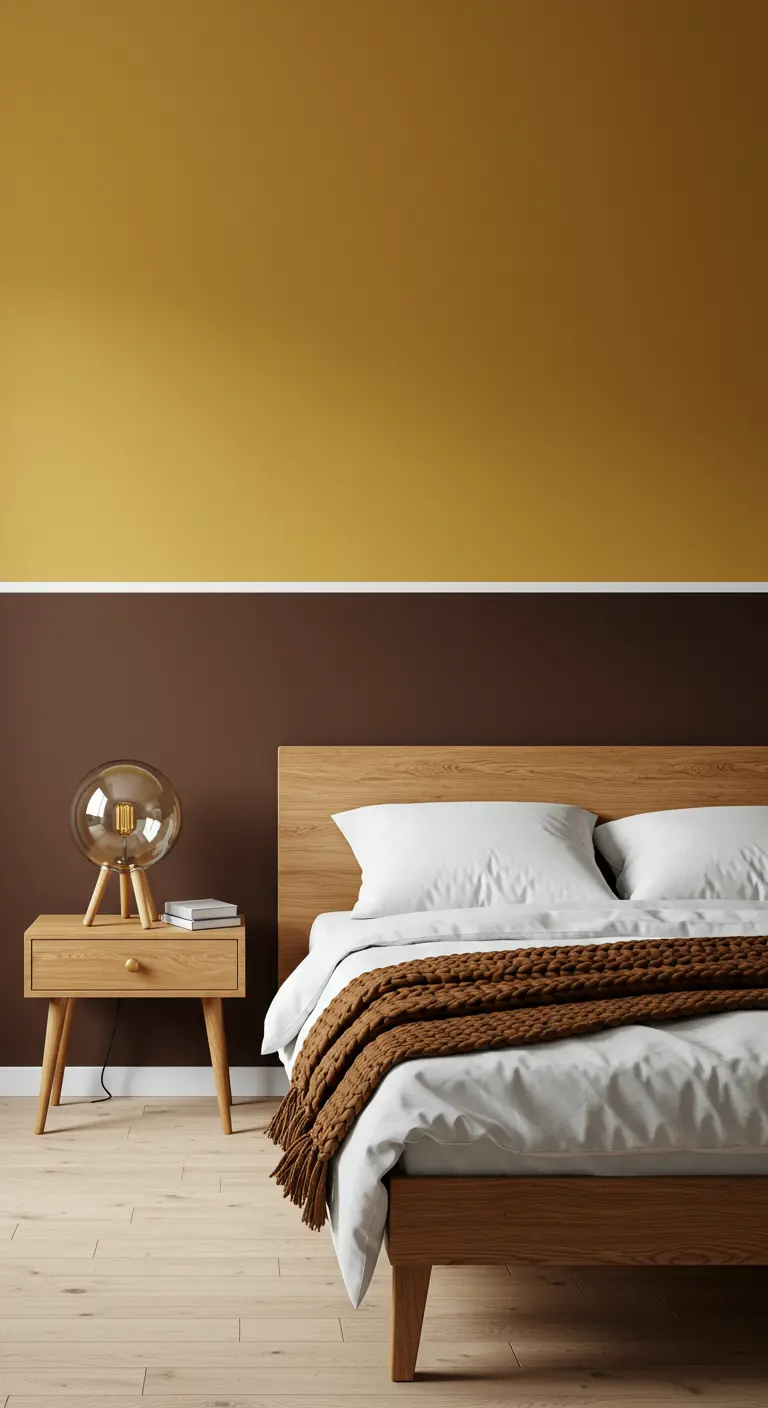 Slaapkamer met een muur die half geel en half bruin is geverfd.