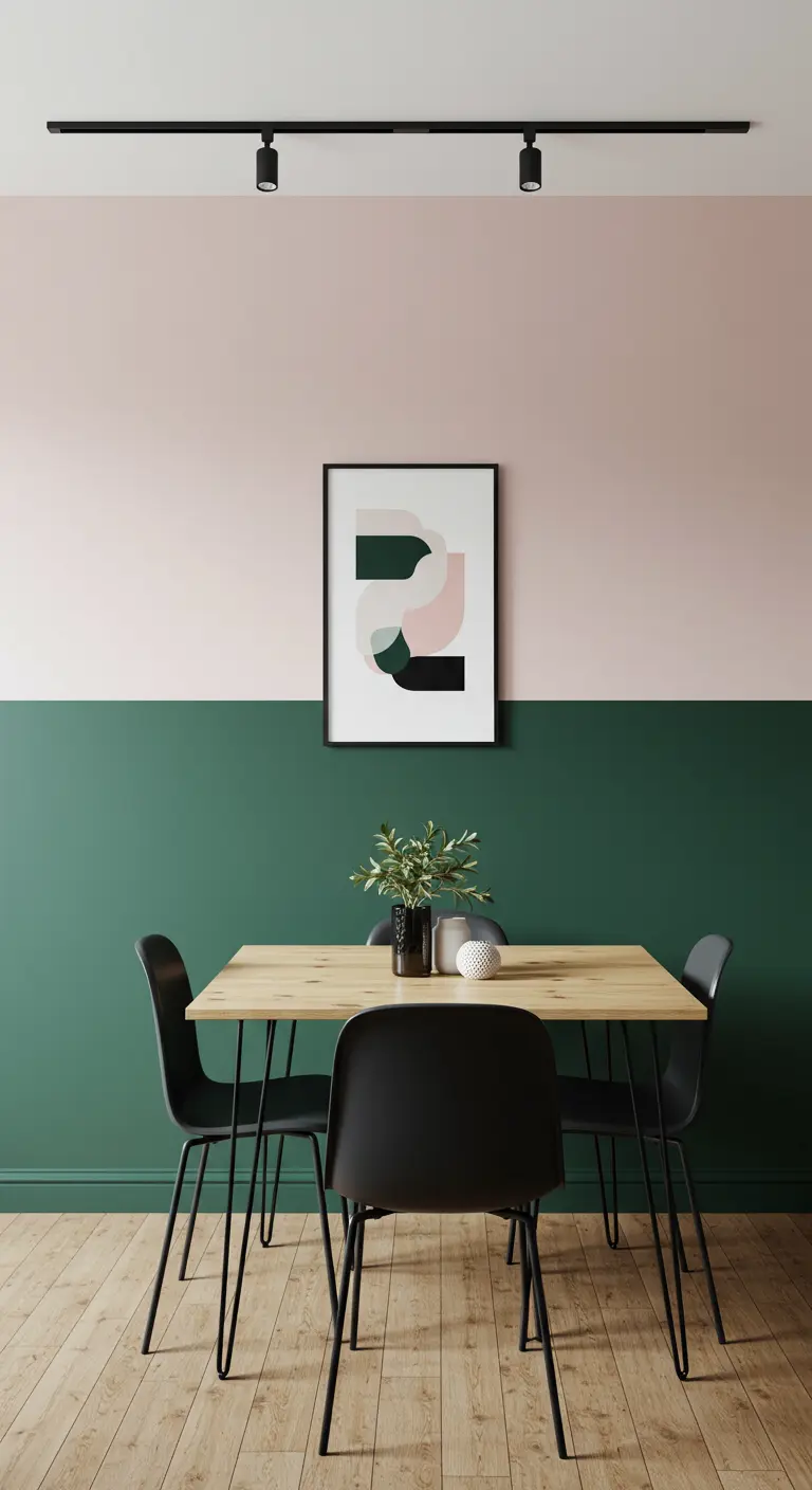 Moderne eethoek met een tweekleurige muur: onder donkergroen en boven zachtroze.