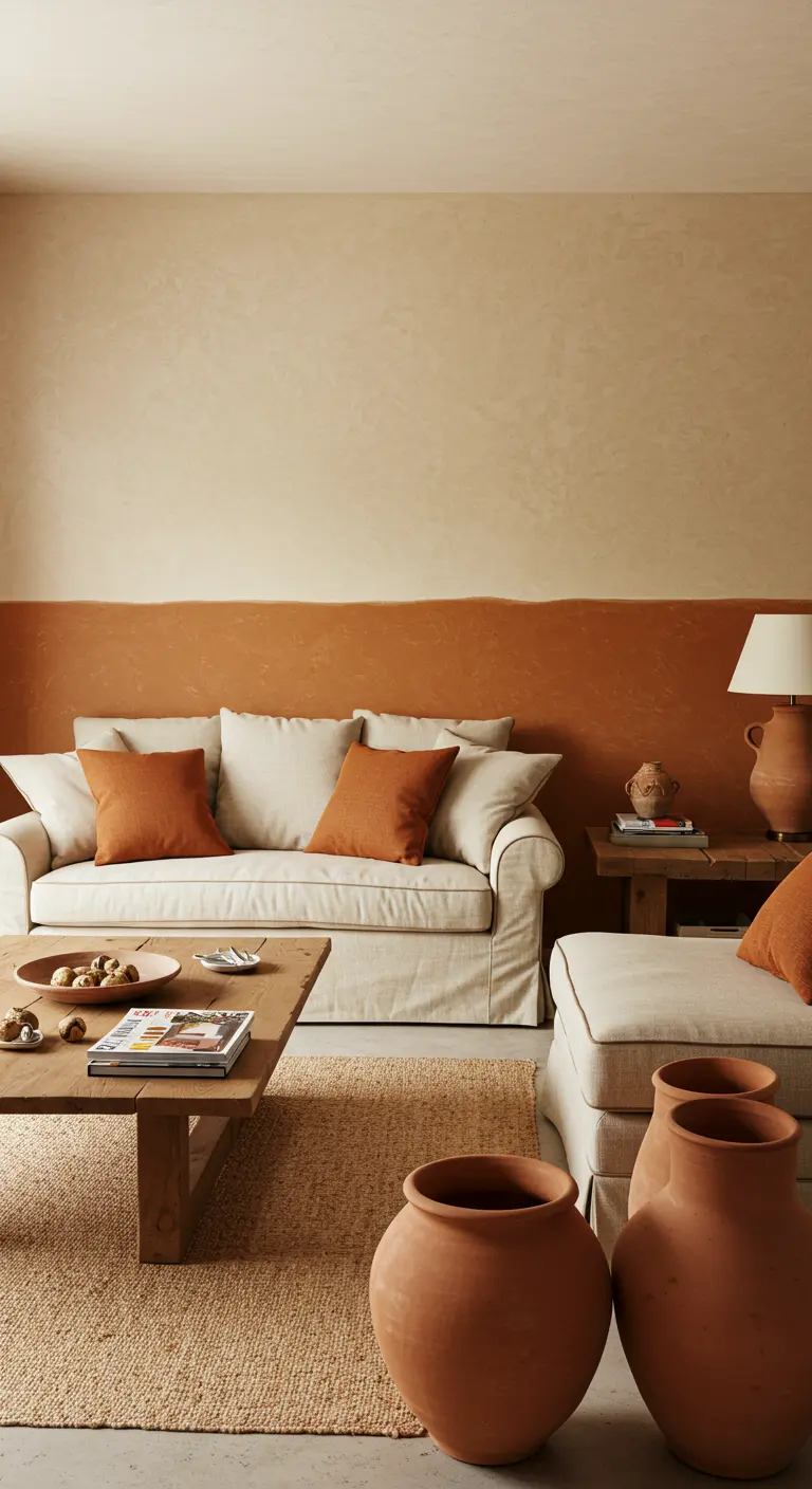 Woonkamer met een muur die half terracotta, half beige is geschilderd, met een lichte bank en houten meubels.