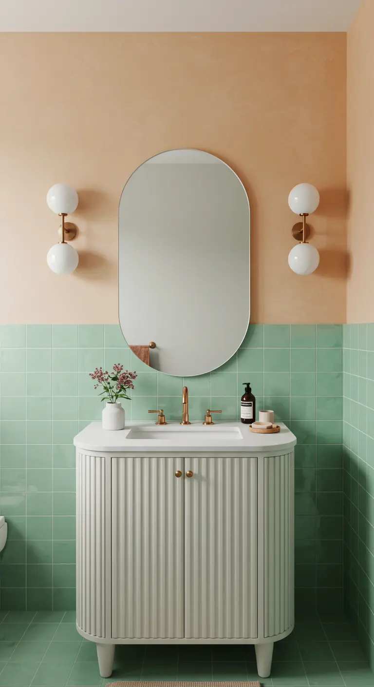 Badkamer met halfhoge mintgroene tegels en een perzikkleurige muur, met een ovale spiegel.