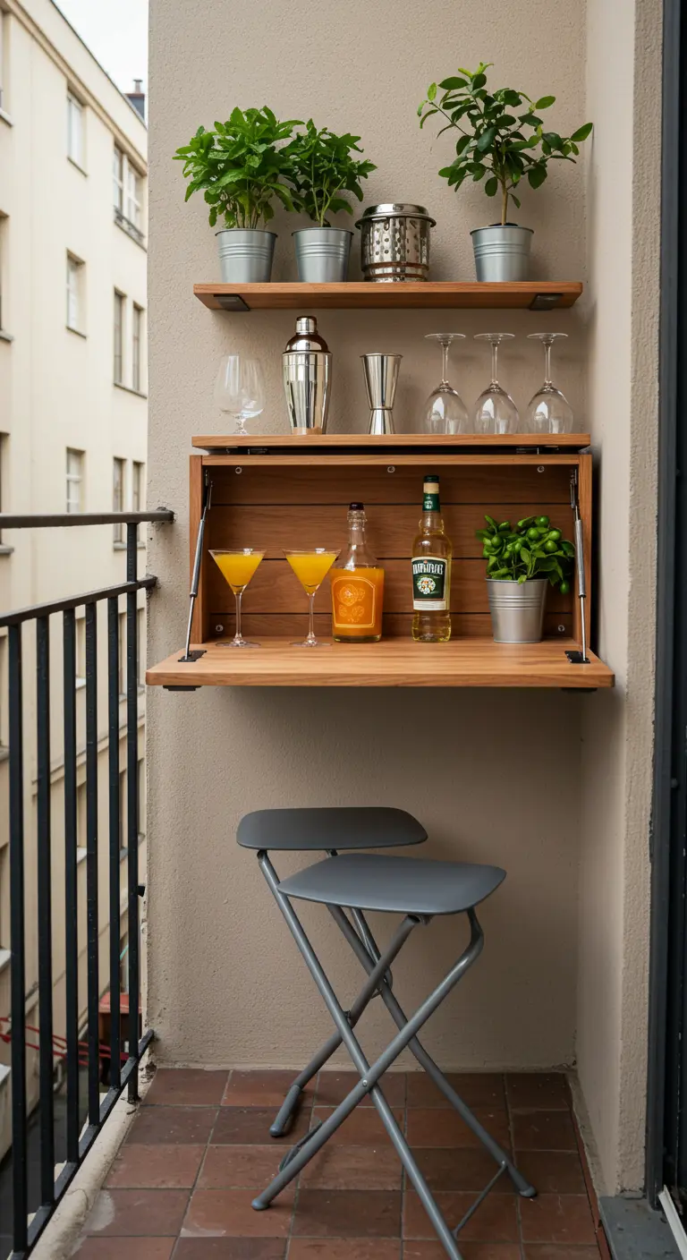 Een opklapbare muurbar op een balkon, gevuld met glazen en flessen.