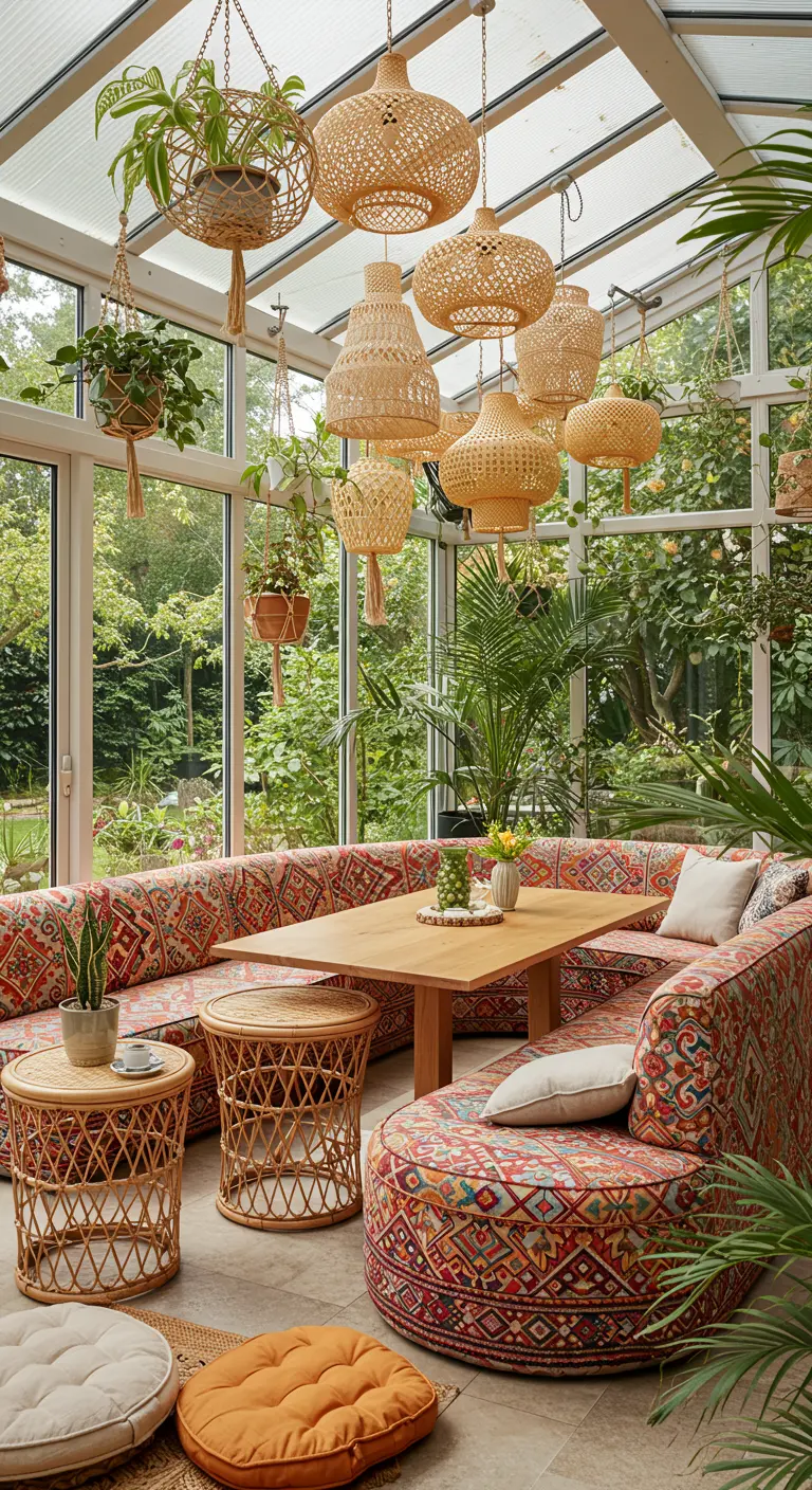 Bohemian serre met een grote, bedrukte U-vormige bank, rotan lampen en veel planten.