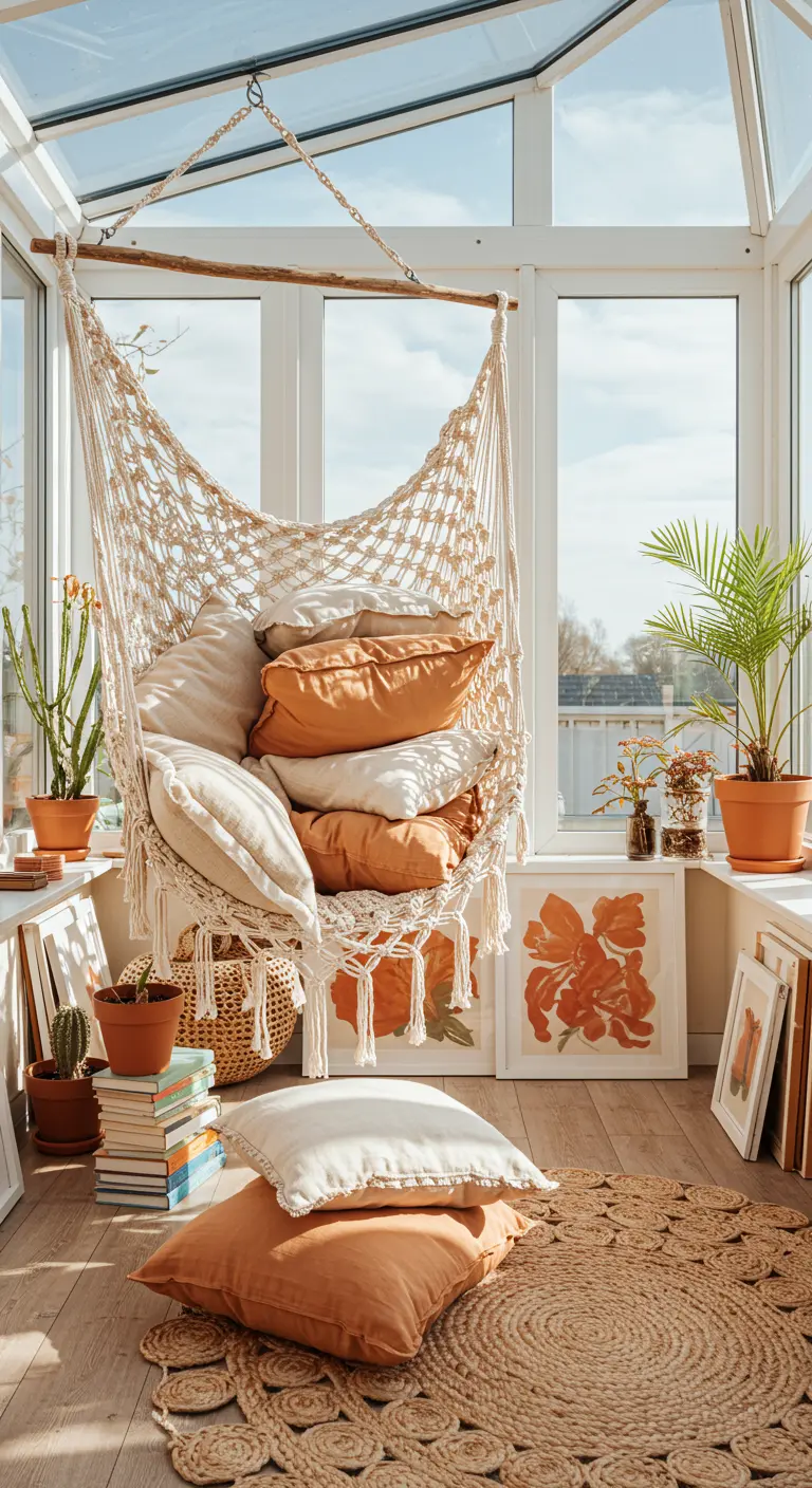 Macramé hangstoel vol terracotta en beige kussens in een lichte serre.