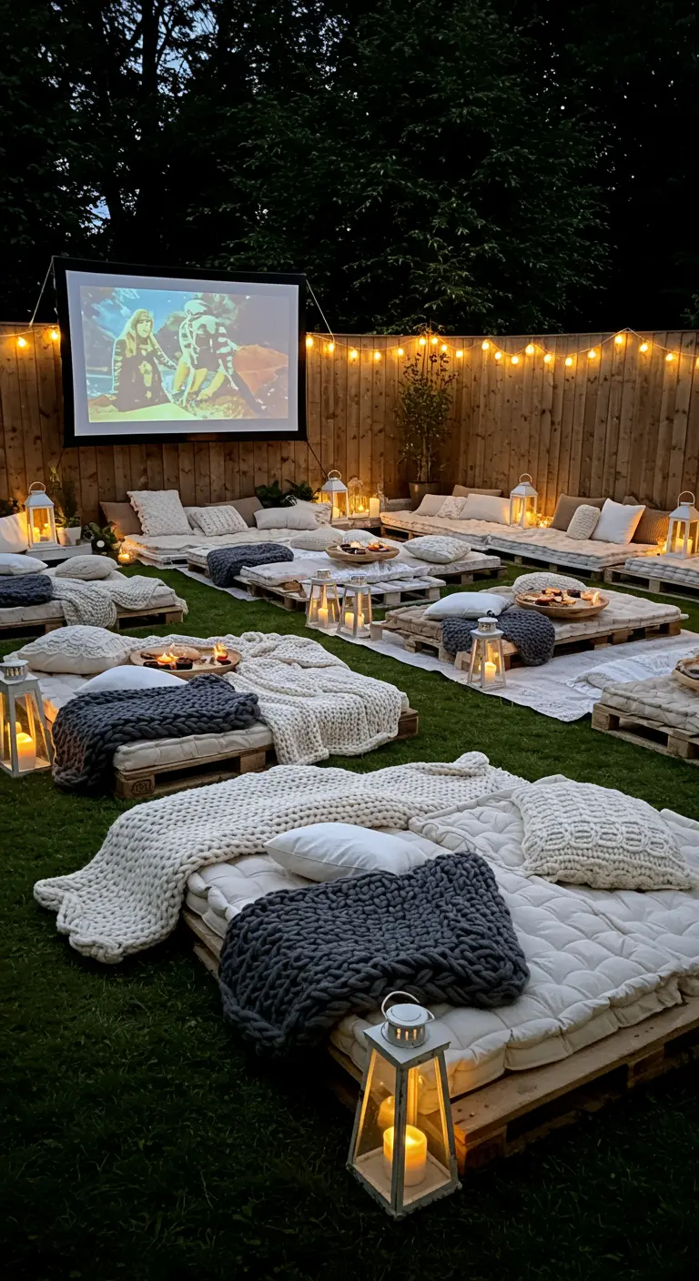 Tuinfeest met pallets, kussens, plaids en een projectiescherm.