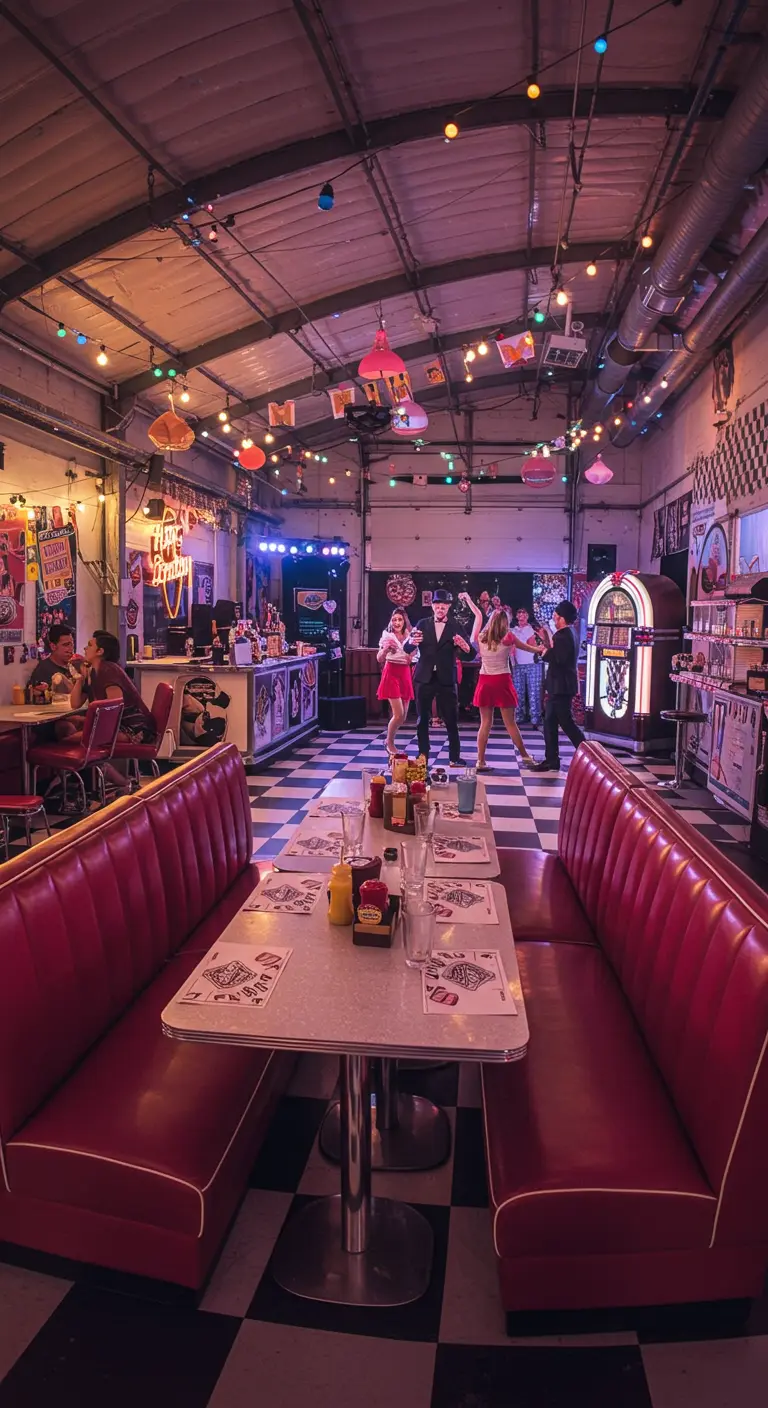 Interieur van een American diner met rode banken en een geblokte vloer.