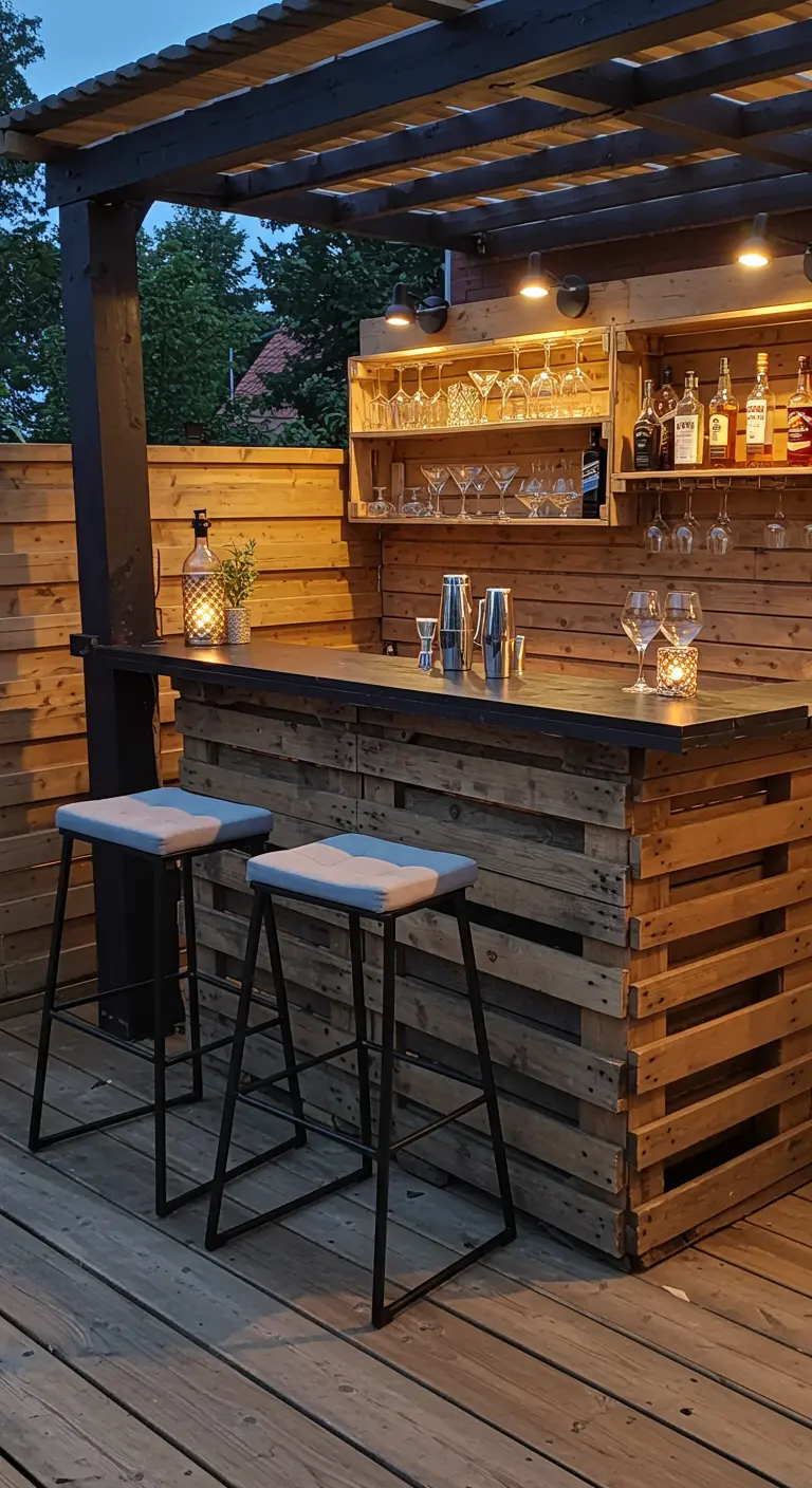 Stijlvolle buitenbar gemaakt van pallets, met een donker werkblad, barkrukken en sfeerverlichting.