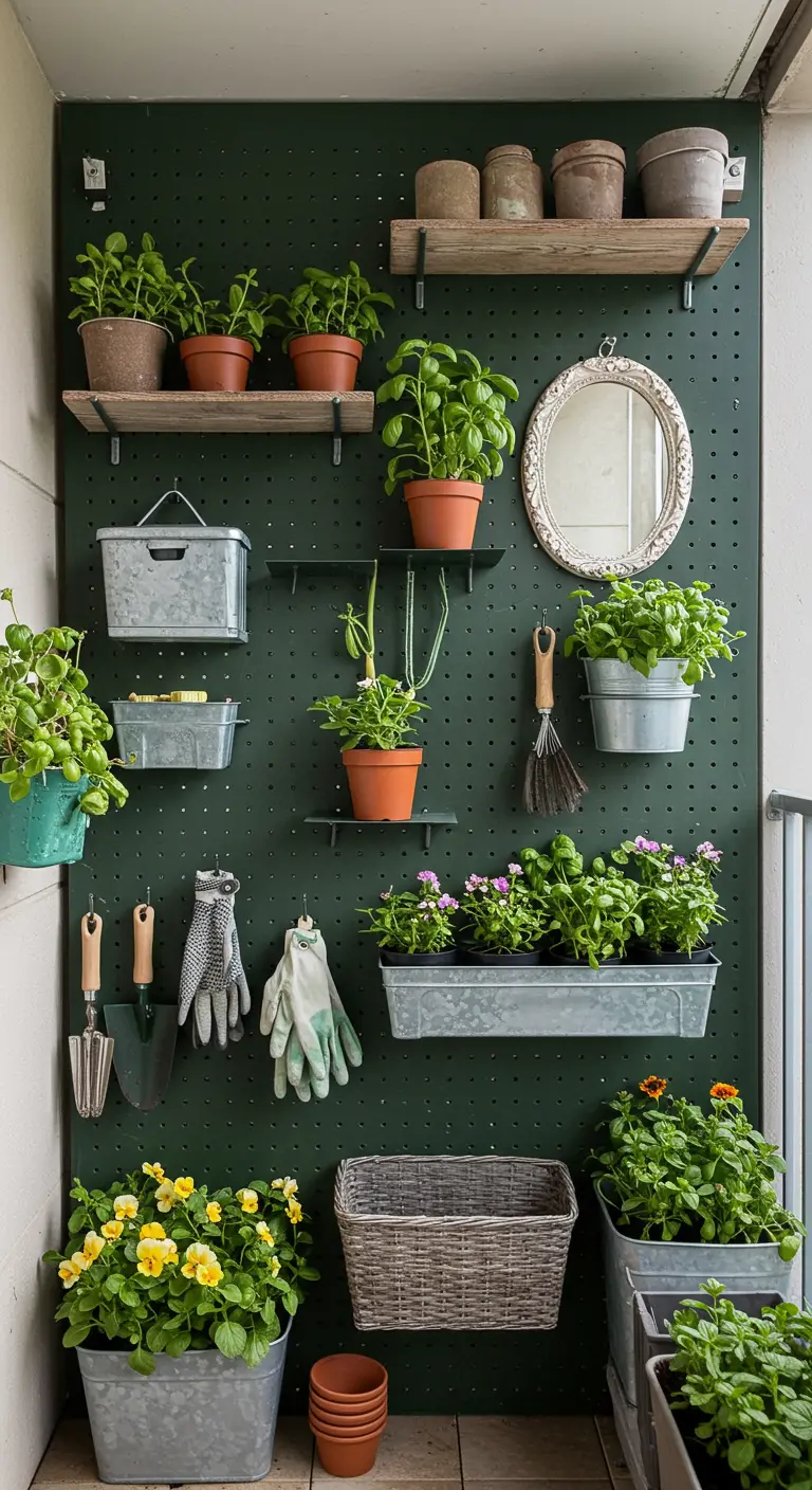 Donkergroene pegboard muur vol met planten, tuingereedschap en een kleine spiegel.